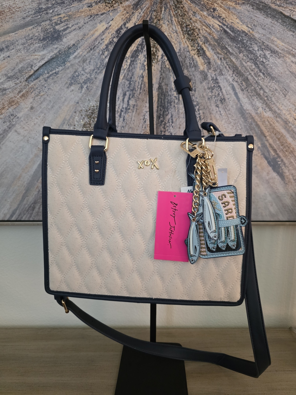 Betsey Johnson Quilted Tote Bag in Cream and Navy with Charm